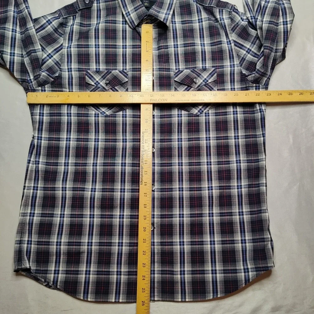 Banana Republic Men Large 16-16.5 Blue Gray Plaid Cotton Blend Button‎ Shirt
